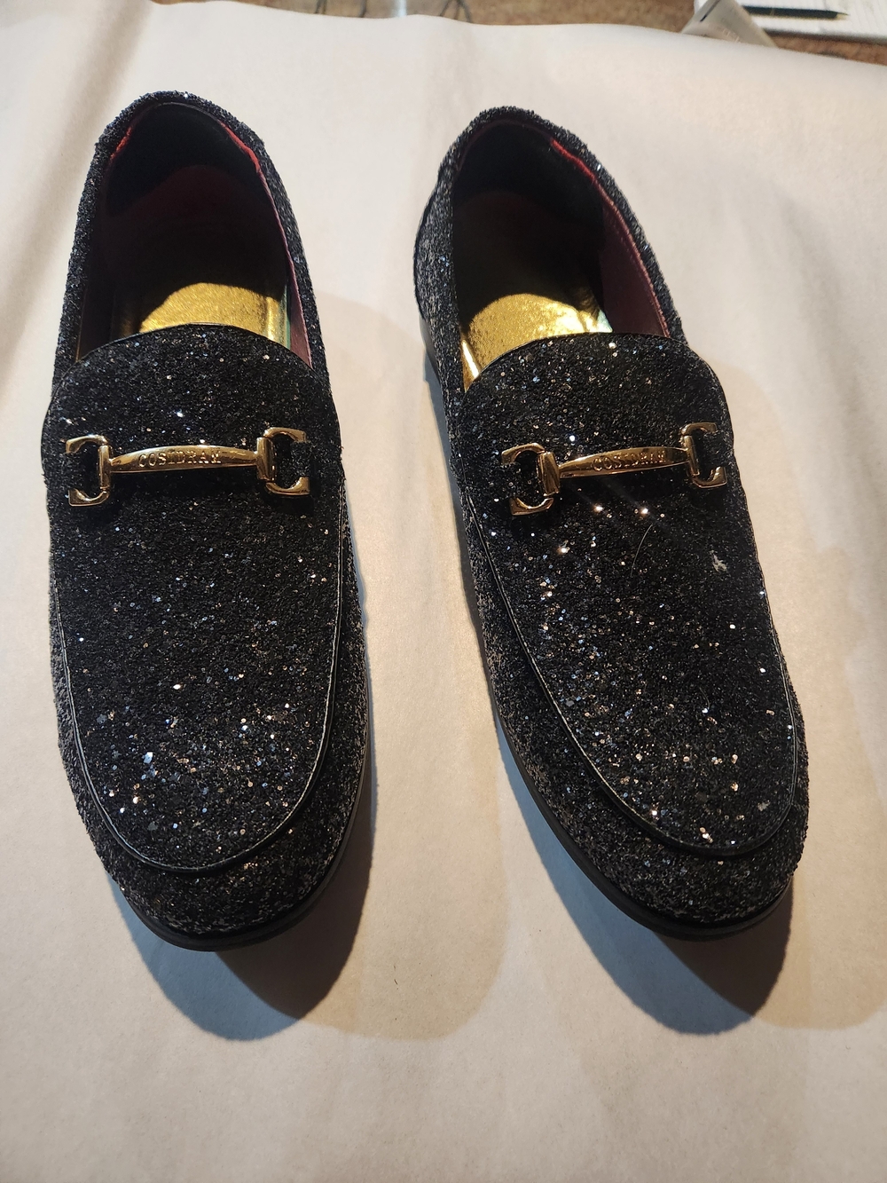 Cosidram Men's Black Glitter Loafers Shoes with Gold Accent New 10.5
